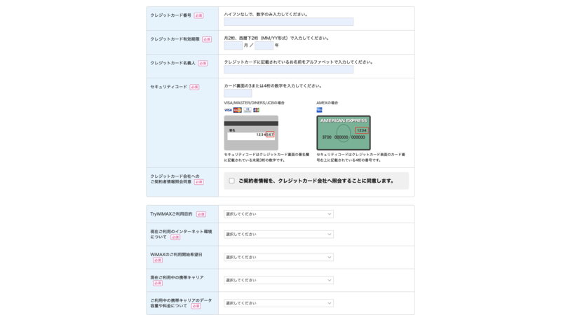 Try WiMAXの申し込み画面