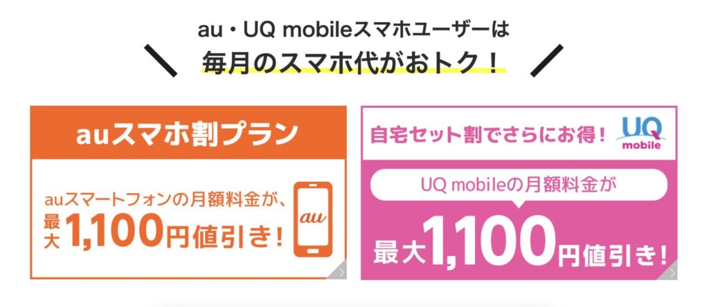au・UQモバイルユーザーなら月々最大1,100円割引